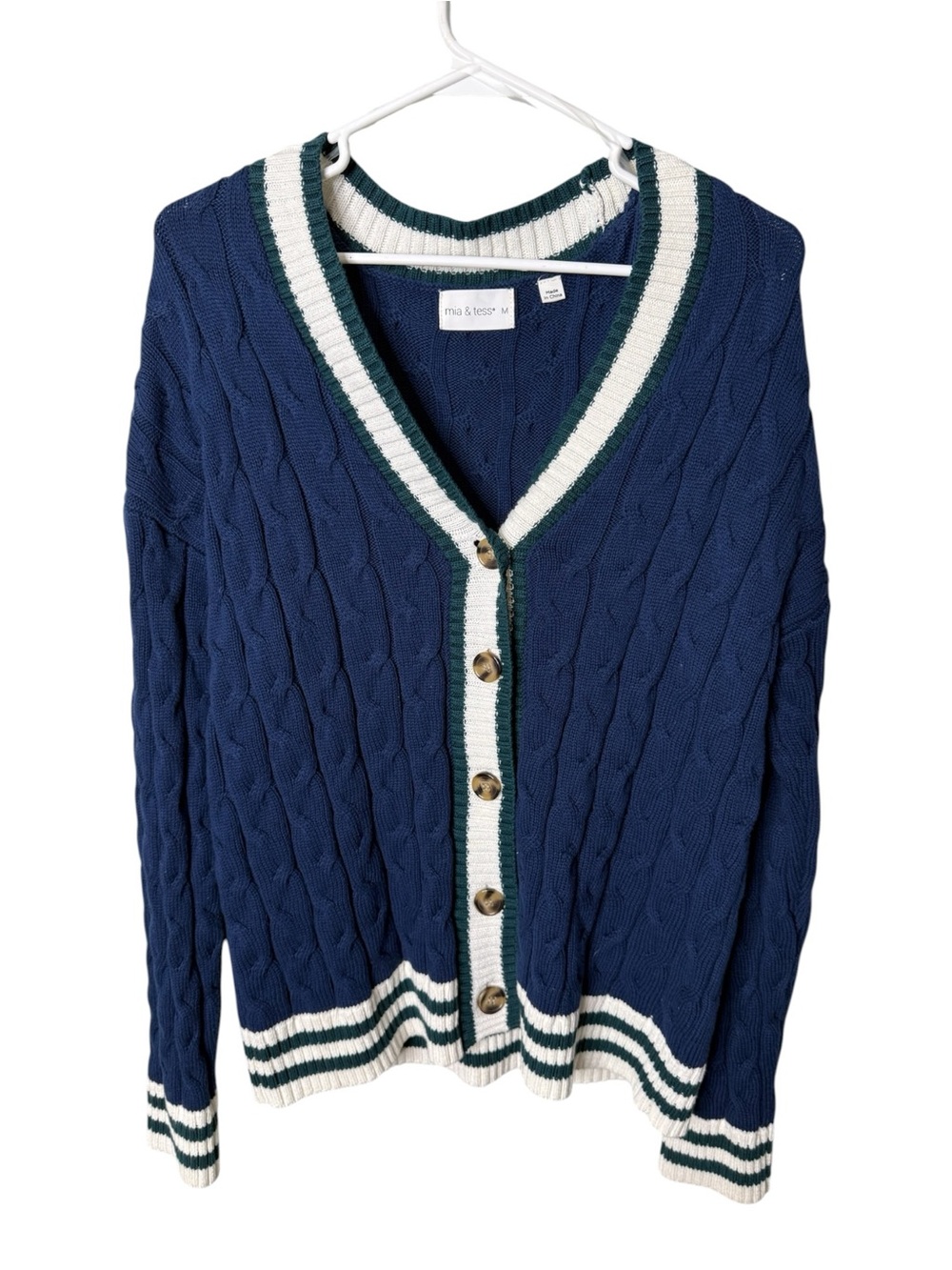 Mia & Tess Blue Green White Cable Knit V-Neck Cardigan Size M
